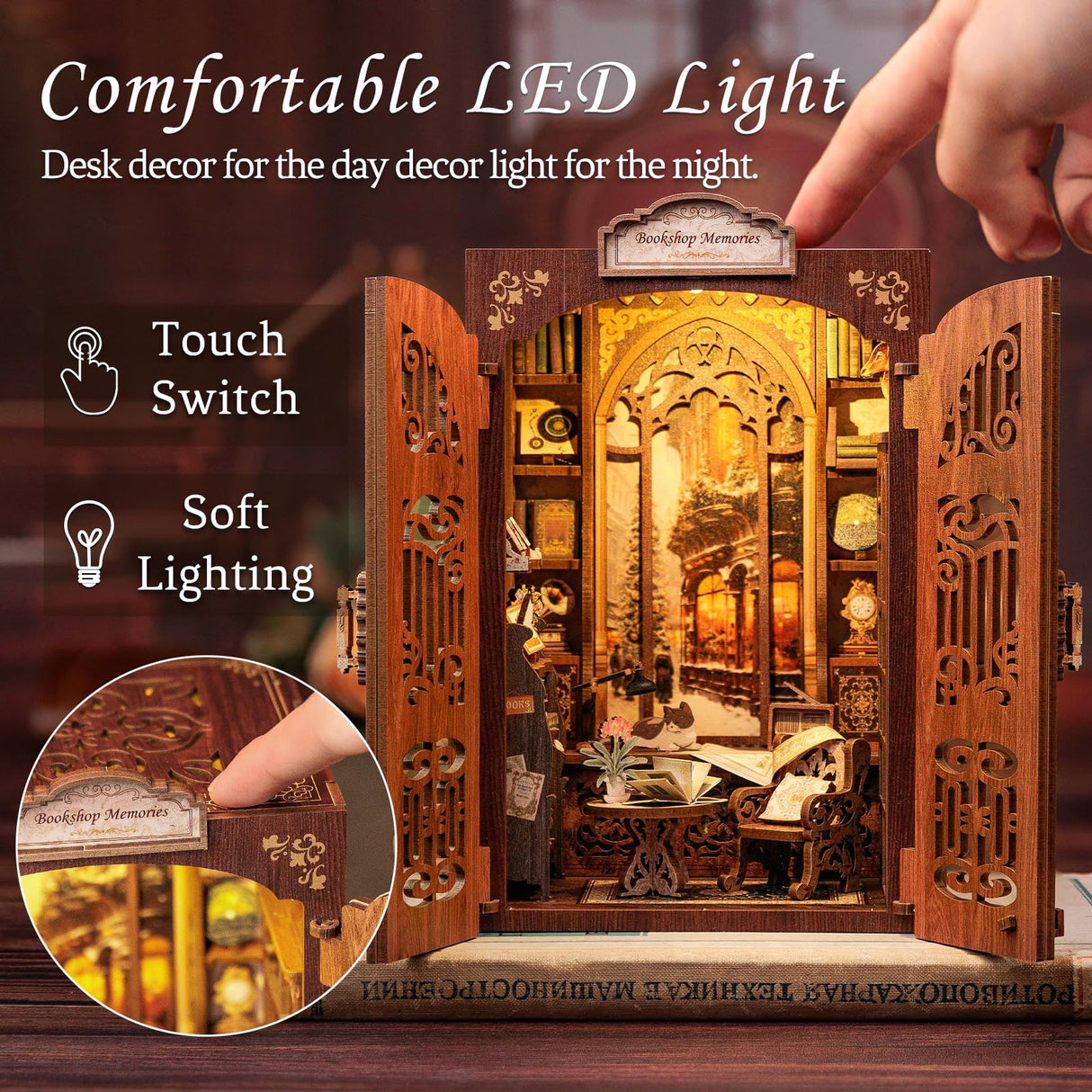 CUTEBEE DIY Book Nook Kit for Adults and Teens, DIY Wooden Miniature Tiny House Dollhouse Kit Bookshelf Booknook Bookcase Model Build Gift Kit Decor Alley with LED Light CUTEBEE
