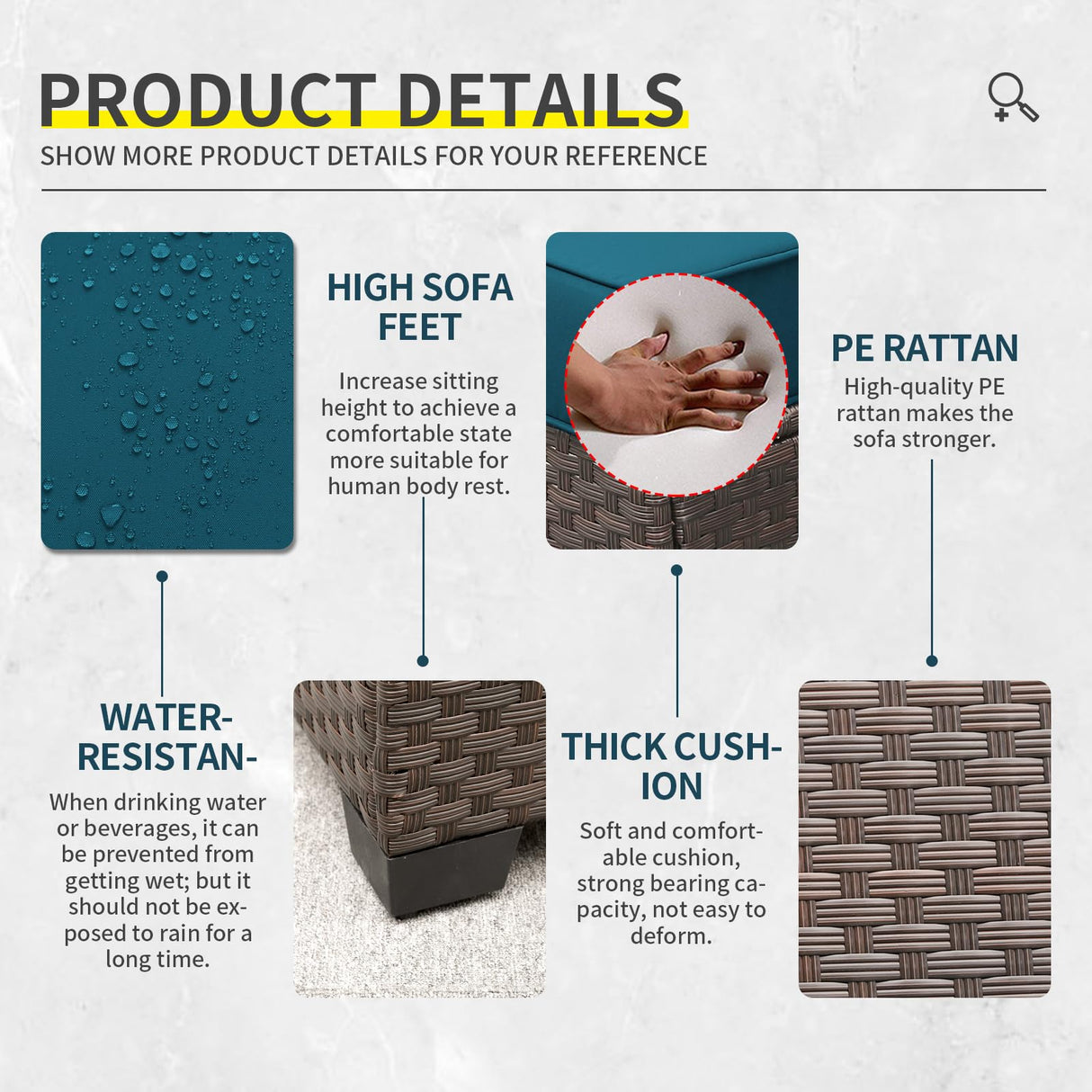 Lviden 9 Pieces Wicker Patio Furniture Set Outdoor PE Rattan Sectional Conversation Sofa Set with Peacock Blue Cushions and 45” gas fire pit table Lviden