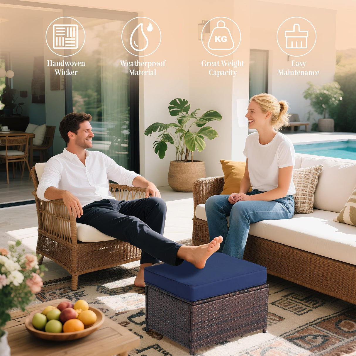 Hoffeorrad Outdoor Ottoman Rattan Footstool - Patio Ottomans with Removable Cushion, All-Weather PE Wicker & Steel Frame for Poolside, Garden Outdoor Furniture,23.6 x 21.7 x 17.8 inches, Brown 2 Pcs Hoffeorrad