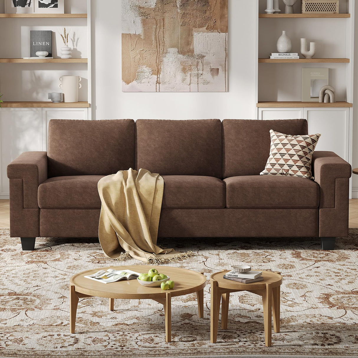 COPIAE 3 Seater Sofa Couch with Deep Seat, 90" Modern Upholstered Sofa with Armrests, Easy Installation, Comfy Couches for Living Room, Apartment,Dark Brown COPIAE