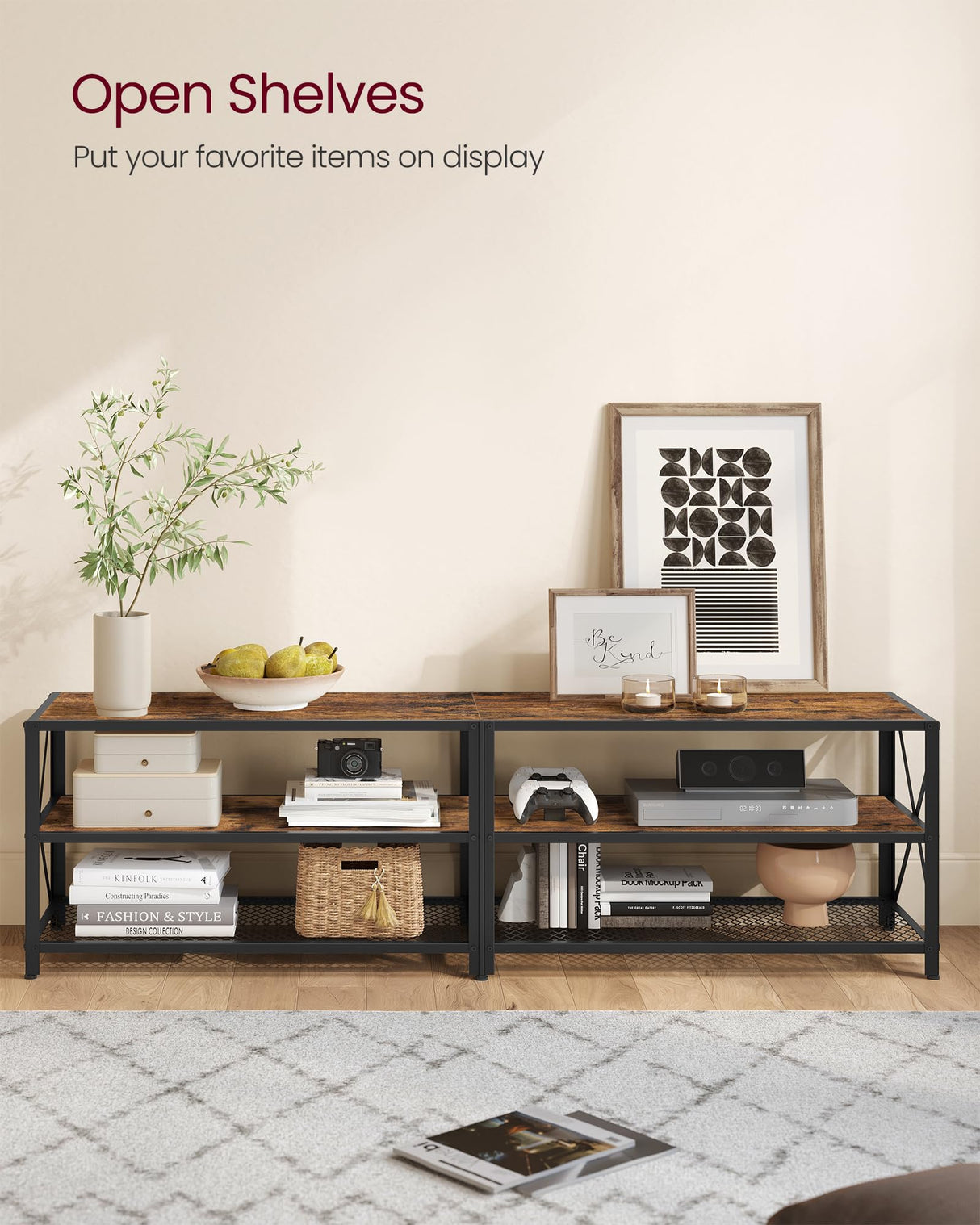 VASAGLE TV Stand, TV Console for TVs Up to 75 Inches, TV Table, 70.1 Inches Width, TV Cabinet with Storage Shelves, Steel Frame, for Living Room, Bedroom, Rustic Brown and Black ULTV096B01V1 VASAGLE