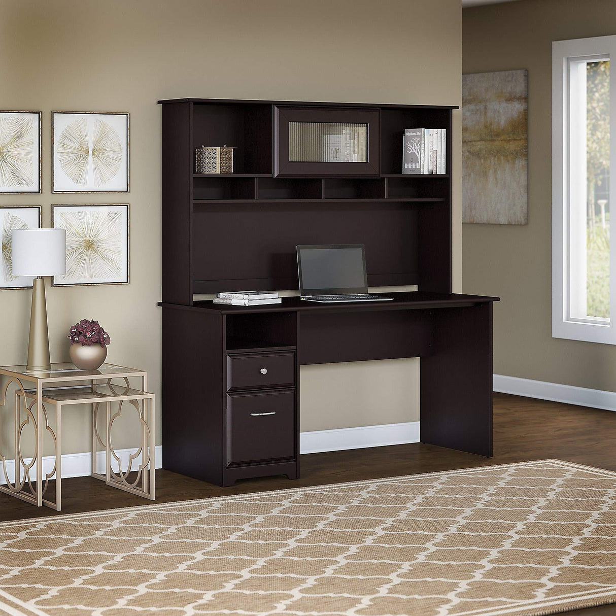 Bush Furniture Cabot 60W Computer Desk with Hutch and Drawers in Espresso Oak Bush Business Furniture