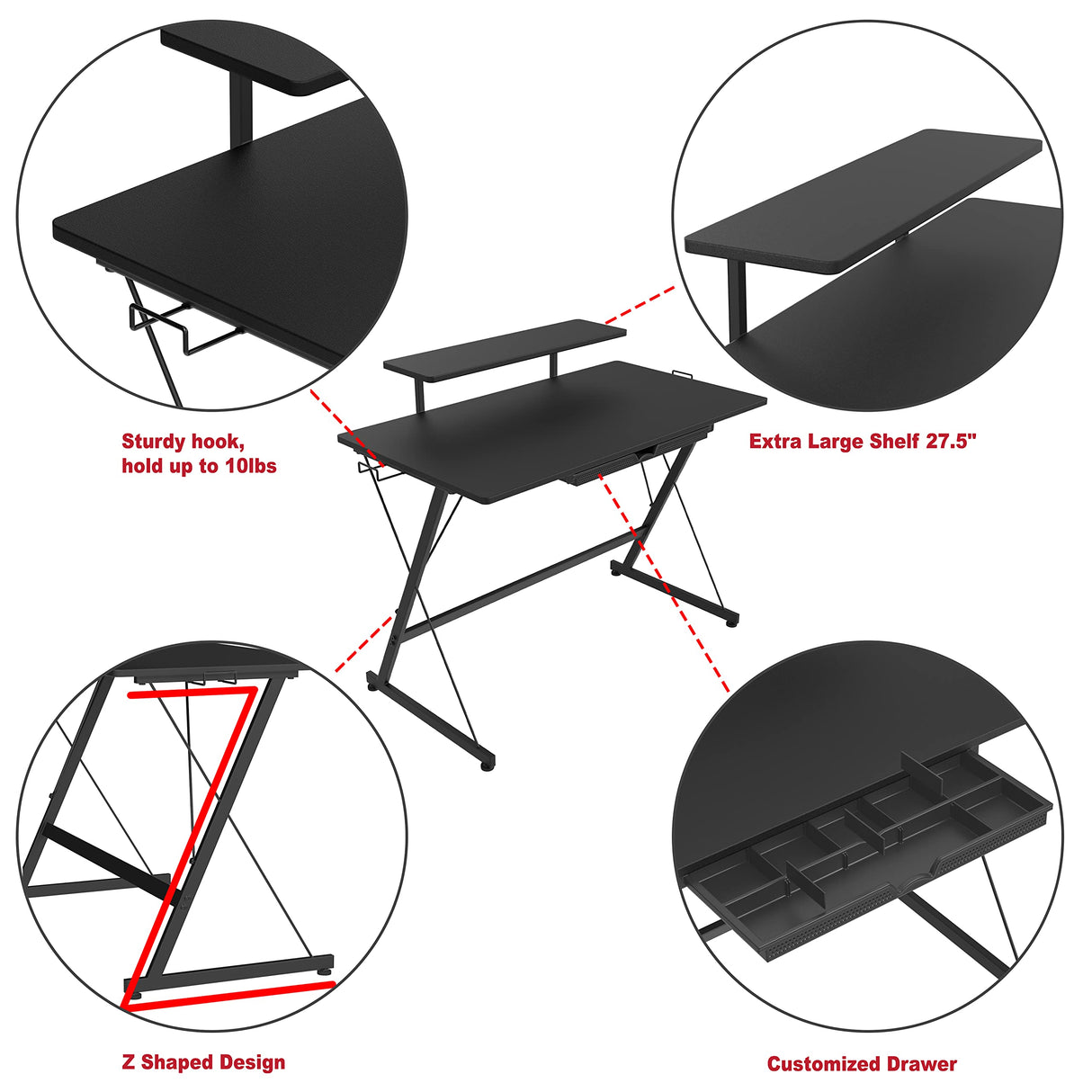 SHW 40 Inch Gaming Desk with Monitor Riser, Drawer and Hooks, Black SHW