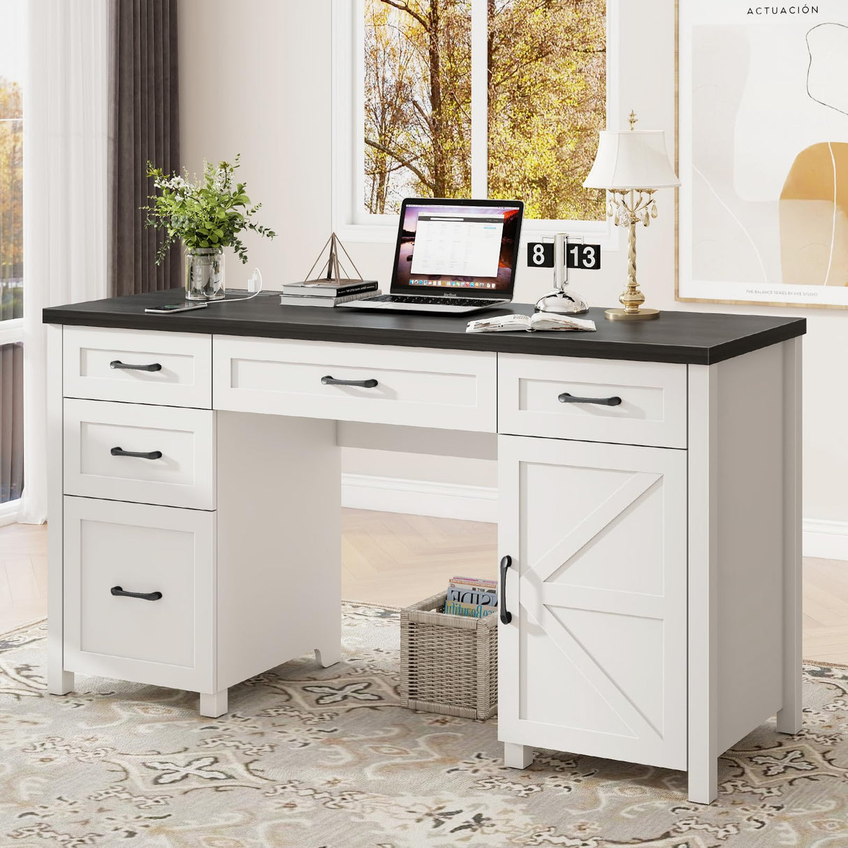 Farmhouse 61'' Executive Desk with 5 Drawers, Rustic Office Desk Computer Desk with Charging Station, File Drawers and Storage Cabinet, Wood Workstation for Home Office and Study.(Black Top) Vabches