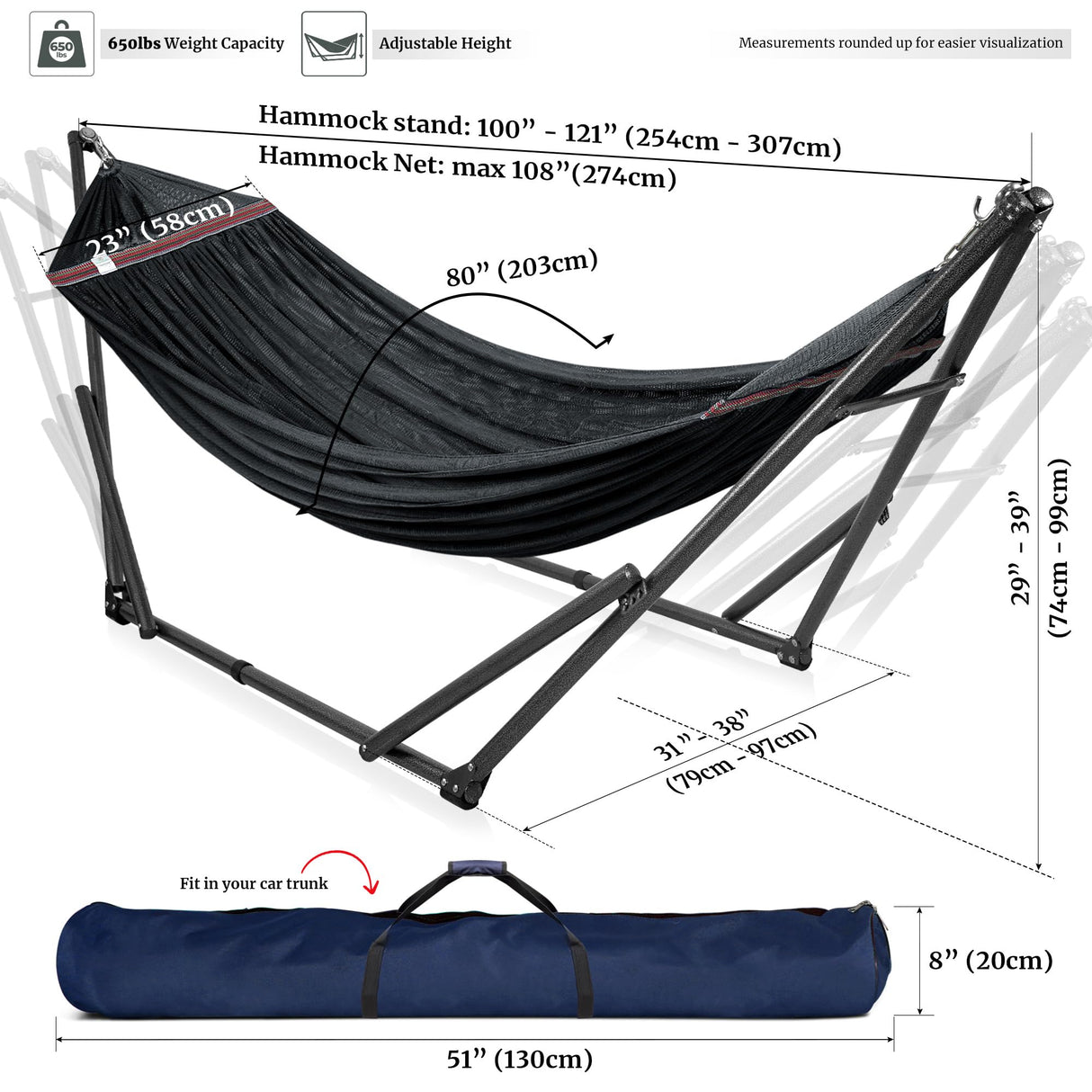Tranquillo Hammock Stand 600 lbs Capacity, Instant 20s Foldable, 3-Year Warranty Hammock with Stand, 2 Person Camping Revolutionary Portable No Screws, Premium Hammocks, Black Tranquillo
