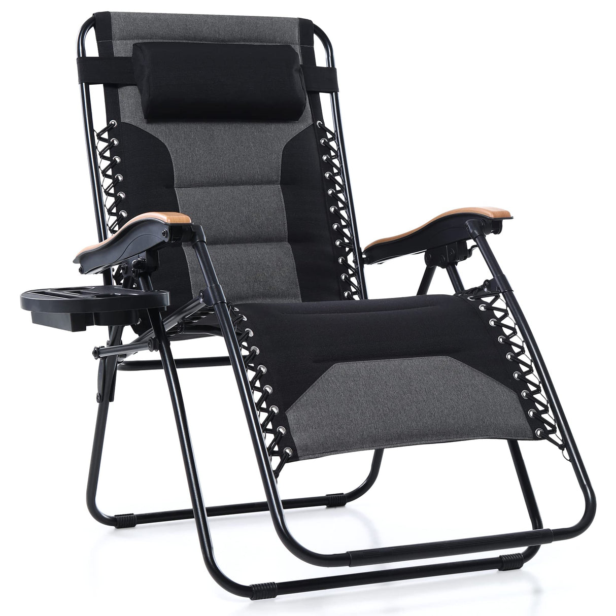 PHI VILLA XXL Oversized Padded Zero Gravity Chair, Foldable Patio Recliner, 30" Wide Seat Anti Gravity Lounger with Cup Holder, Support 400 LBS (Black) PHI VILLA
