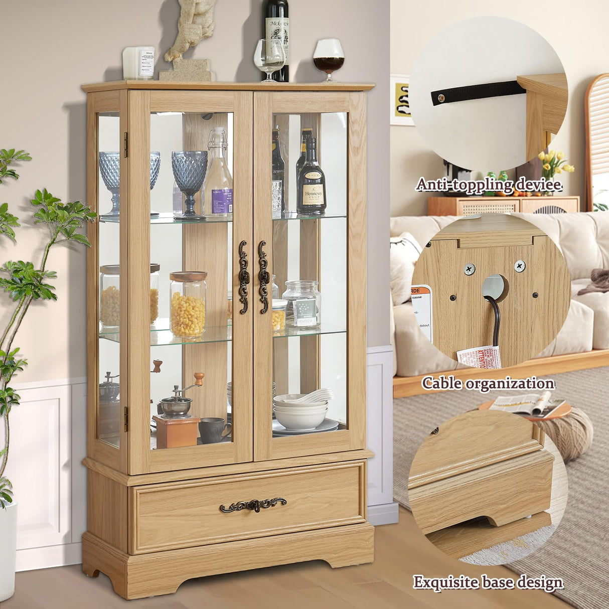 Curio Cabinet with Lighted(Light Blub Included),Tall Leg Glass Door Antique Cabinet,47"Curio Display Cabinet with 3-Tier Adjustable Glass Shelves,Curio Display Cabinet for Living Room (Light Oak) XUWANSHANG