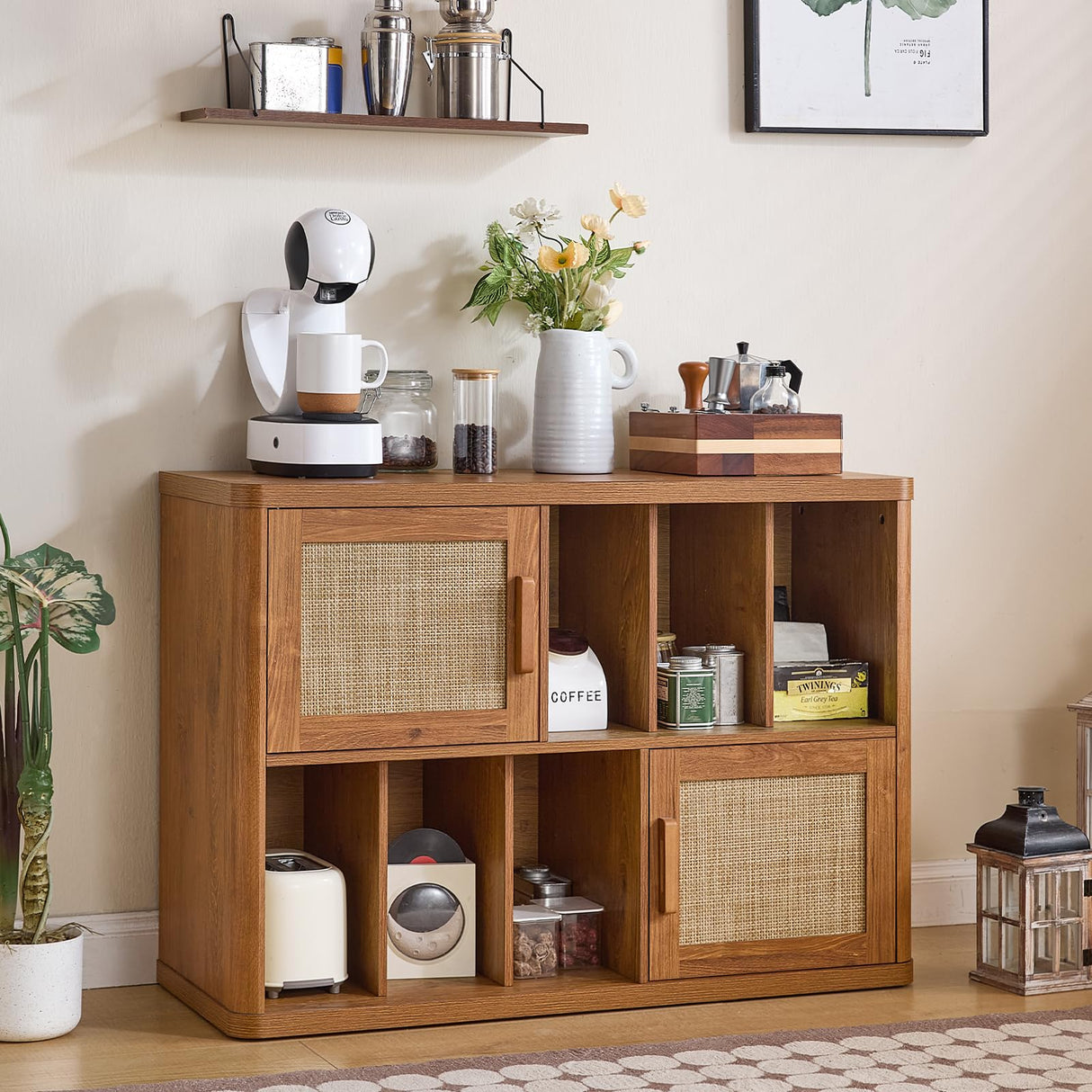 LEYAOYAO Large Record Player Stand with Vinyl Storage Up to 450 Albums, Wood Rattan Boho Record Storage Accent Cabinet, Modern Stereo Media Cabinets, Wide Turntable Stand for Living Room, Tea Brown LEYAOYAO