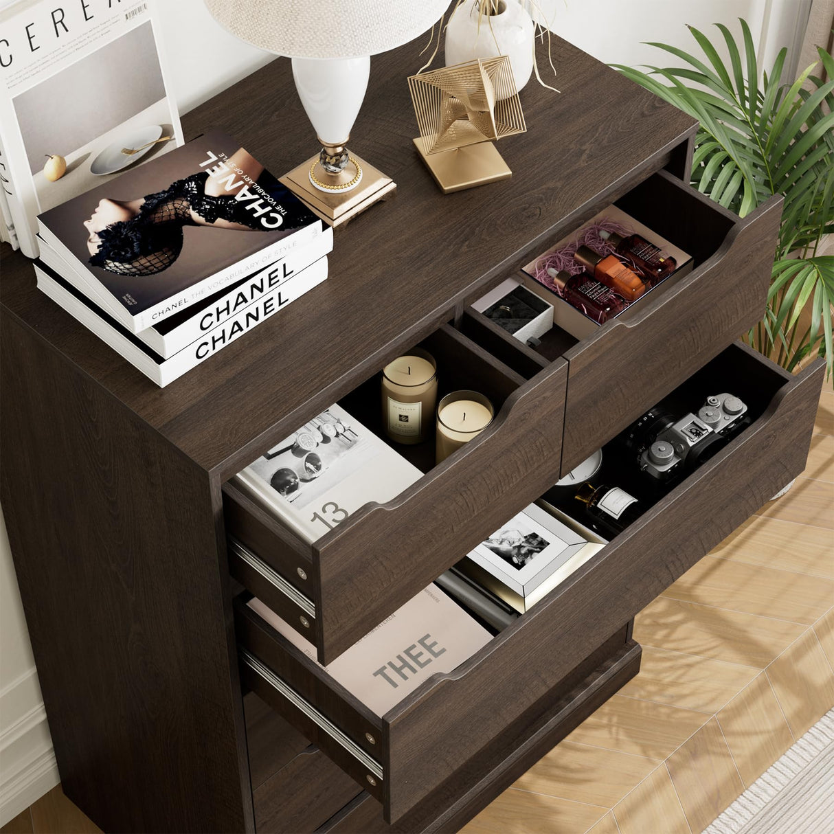 HOSTACK Modern 6 Drawer Dresser for Bedroom, Tall Chest of Drawers with Storage, Large Wood Storage Chest Organizer with Cut-Out Handle, Accent Storage Cabinet for Living Room, Hallway, Dark Brown HOSTACK