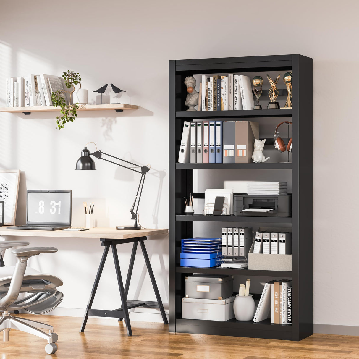 CBNTKI 5 Tier Metal Bookshelf,69'' Tall Heavy Duty Bookcase with Adjustable Shelves,Black Large Modern Bookshelves,Industrial Open Bookcases for Library,Office,Study Room,Living Room CBNTKI