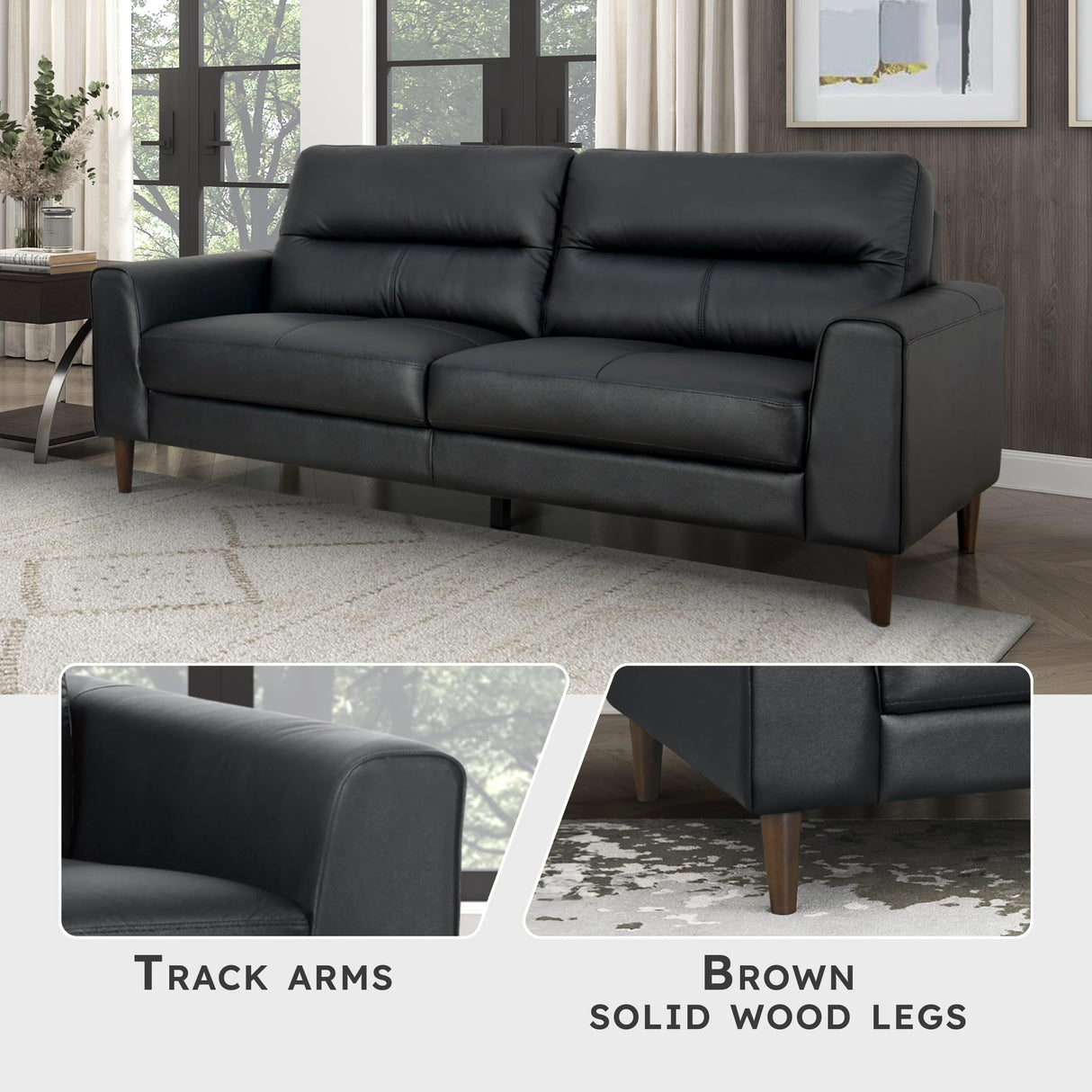 Lexicon Leather Couch Sofa, Modern Couch Sofa, Top Grain Leather Sofa, Oversized Sofa for Living Room, Bedroom, Office, Apartment, Waiting Room, 3-Seater Couches, Black Lexicon