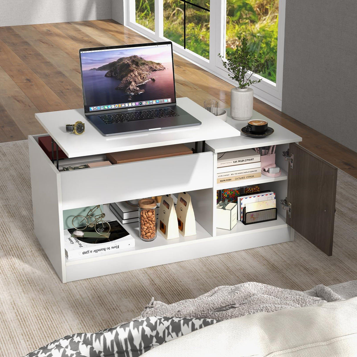 Tangkula White Lift Top Coffee Table, Wood Lift Tabletop Living Room Center Table w/Hidden Storage Compartment, Side Open Shelves & Single Door Cabinet, Modern Cocktail Tea Table for Home Office Tangkula
