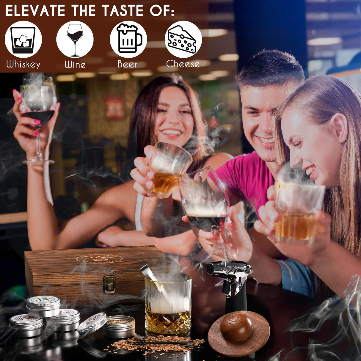 The Whiskey Underground Bourbon, Whiskey Smoker Kit - Cocktail Smoking Kit with Butane Torch, Smoke Top, Whiskey Stones - Apple, Cherry, Oak, Walnut Wood Chips - Premium Wooden Box. No Butane The Whiskey Underground