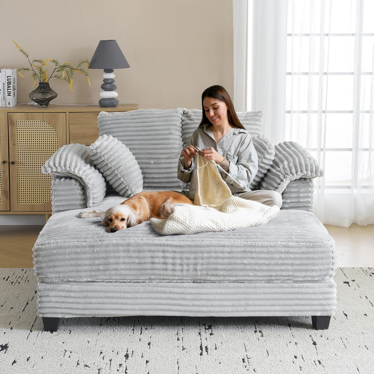 VINGLI 56" Oversized Chaise Lounge Chair, Light Grey Comfy Corduroy Chaise Sofa Recliner Bed Upholstered Sleeper Couch Bed with Throw Pillows and Armrests for Living Room, Movie Room, Bedroom VINGLI