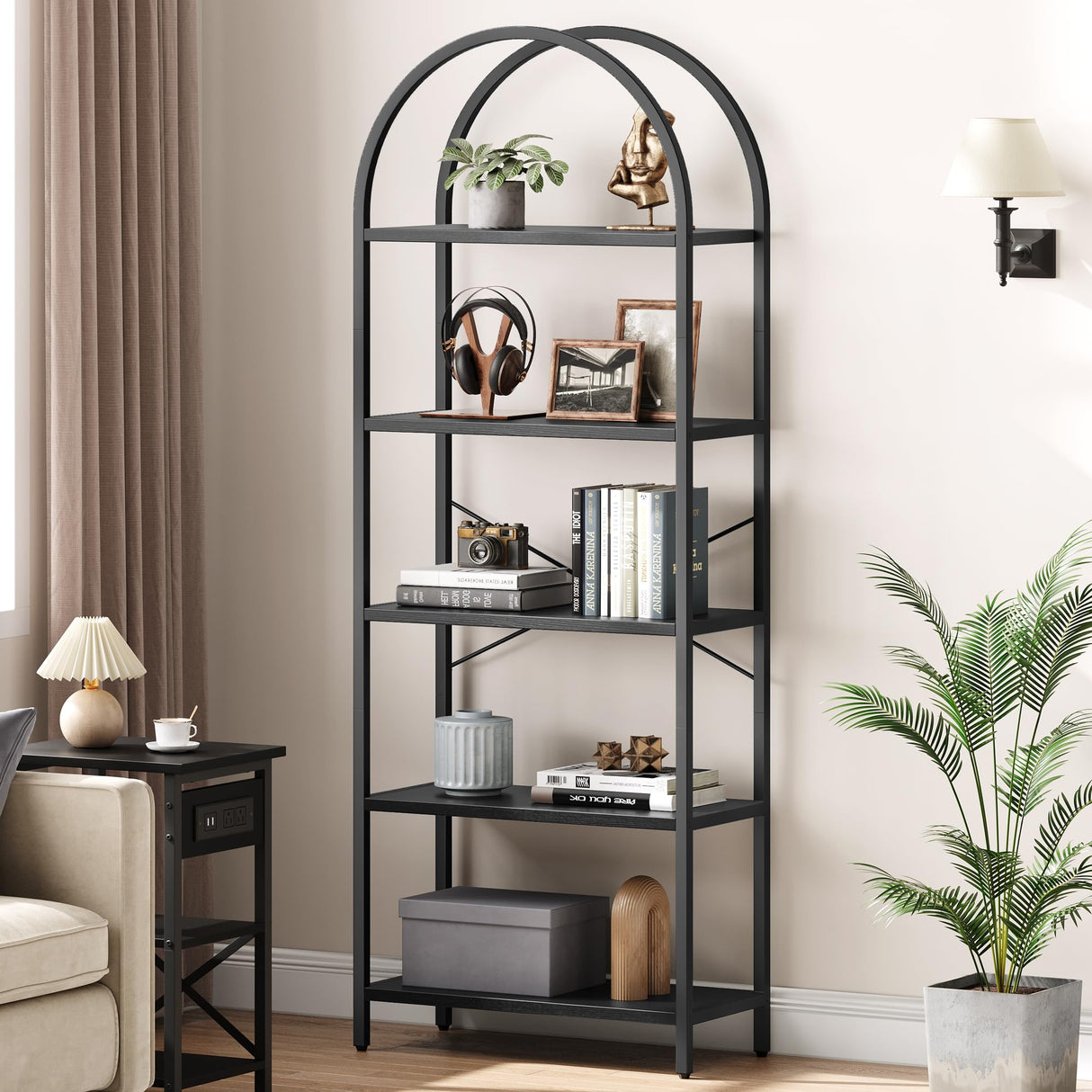 Klysiora 5 Tier Arched Bookcase Shelf Tall Bookcase with Storage Vertical Display Shelf Rack Modern Bookcase Wood and Metal Storage Shelving Unit for Bedroom, Living Room, Home Office, Black Klysiora