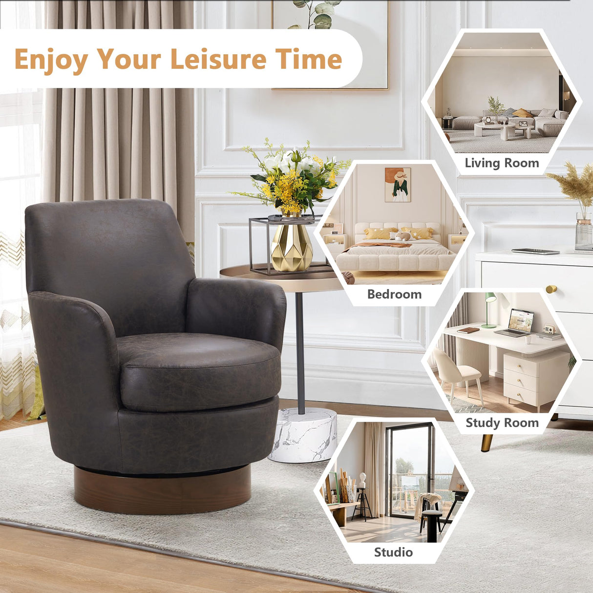 HUMEHA Swivel Barrel Chairs Set of 2, Modern PU Leather Swivel Accent Chairs Armchair with Gold Stainless Steel Base, Reading Chair for Bedroom Comfy Round Barrel Chair for Living Room, Brown HUMEHA