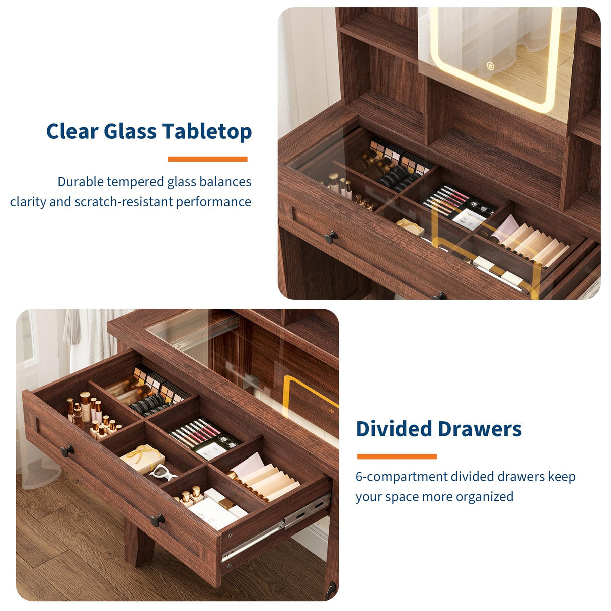 Vanity Desk with HD Mirror, LED Lights and Charging Station, Farmhouse Makeup Table with 2 Drawers and Cushioned Stool Dressing Table Shelves and Side Organizer for Bedroom Dressing Room, Brown GarveeHome