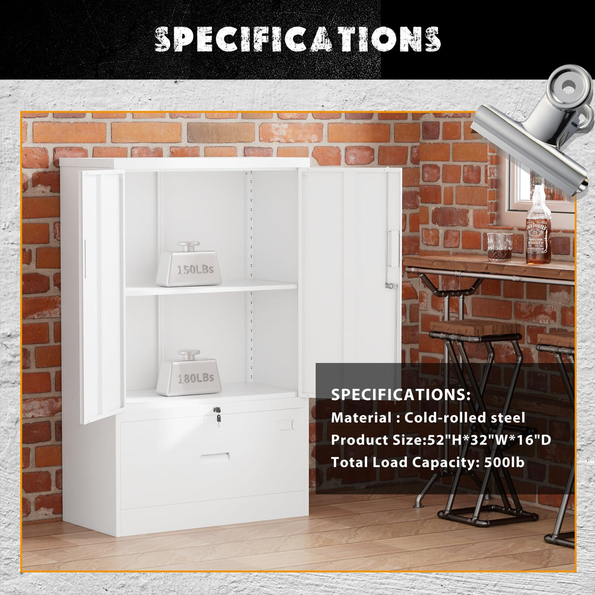 Greenvelly Metal Storage Cabinet with Drawer, 51” White Lateral File Cabinet with Doors and Shelves, Steel Metal Filing Lockers for Home Office Hanging Files Letter/Legal/F4/A4 Size Greenvelly