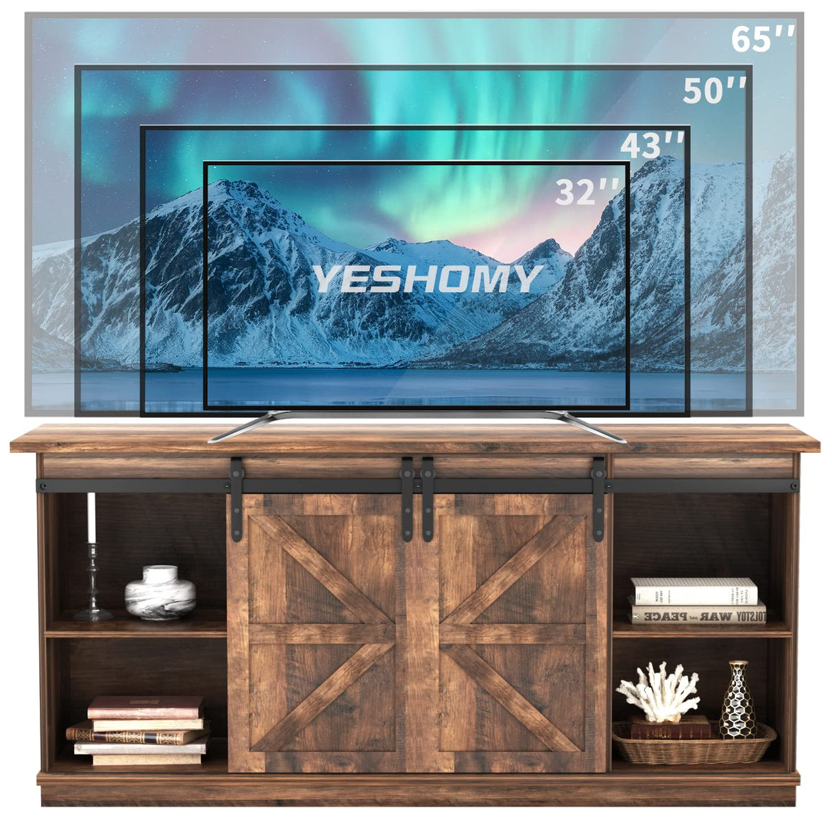 YESHOMY TV Stand for Televisions up to 65 Inchs, with Sliding Barn Doors and Storage Cabinets, Console Table and Media Furniture for Living Room, 58 Inch, Barnwood YESHOMY