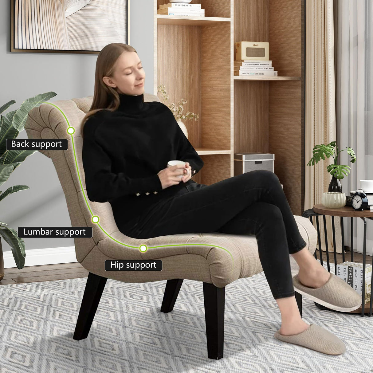 Alunaune Living Room Chairs Set of 2 Modern Accent Chair, Upholstered Tufted Armless Bedroom Chairs Lounge Sofa Backrest Fabric Recliner Chair Wood Legs-Khaki Alunaune