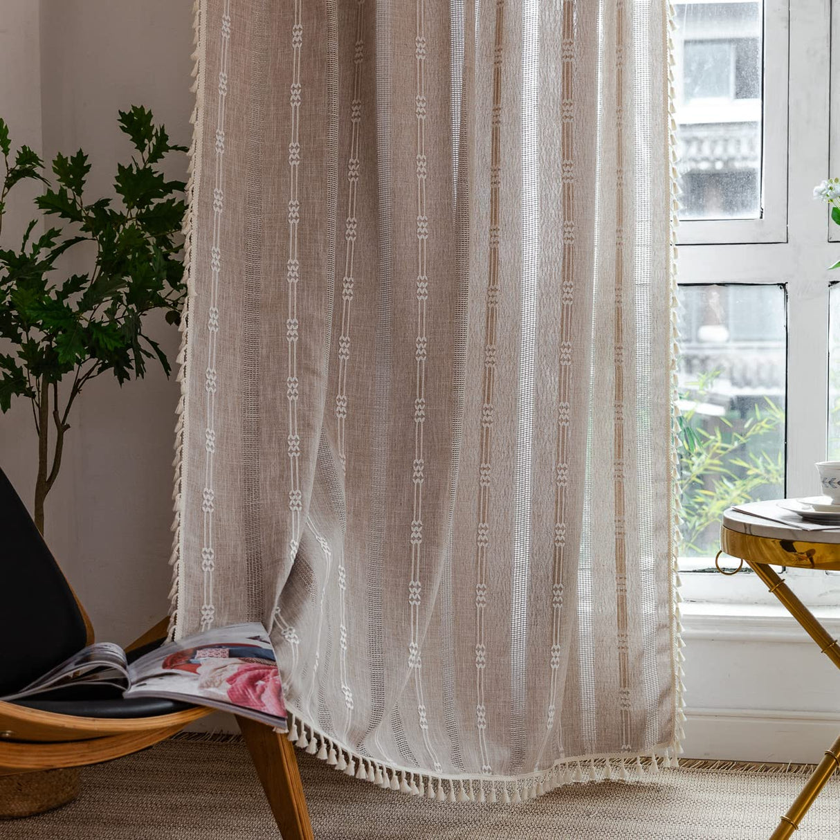 Linen Curtains 108 Inches Long for Living Room 2 Panels Set, Embroidery Farmhouse Curtains Tassel Boho Curtains for Bedroom Light Filtering Window Curtains Rod Pocket Drapes (52" W x 108" L,Khaki) BCLBUSTE