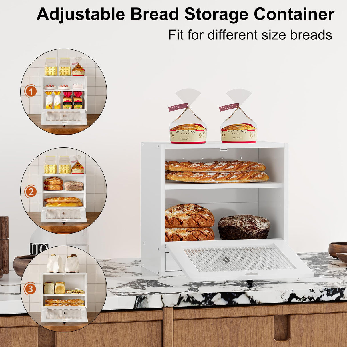Alpeir Bread Box for Kitchen Countertop, Large Corner Bread Storage Container, 3 Tier Wooden Breadbox Bin, Farmhouse Pantry Shelf with Acrylic Window, White Alpeir