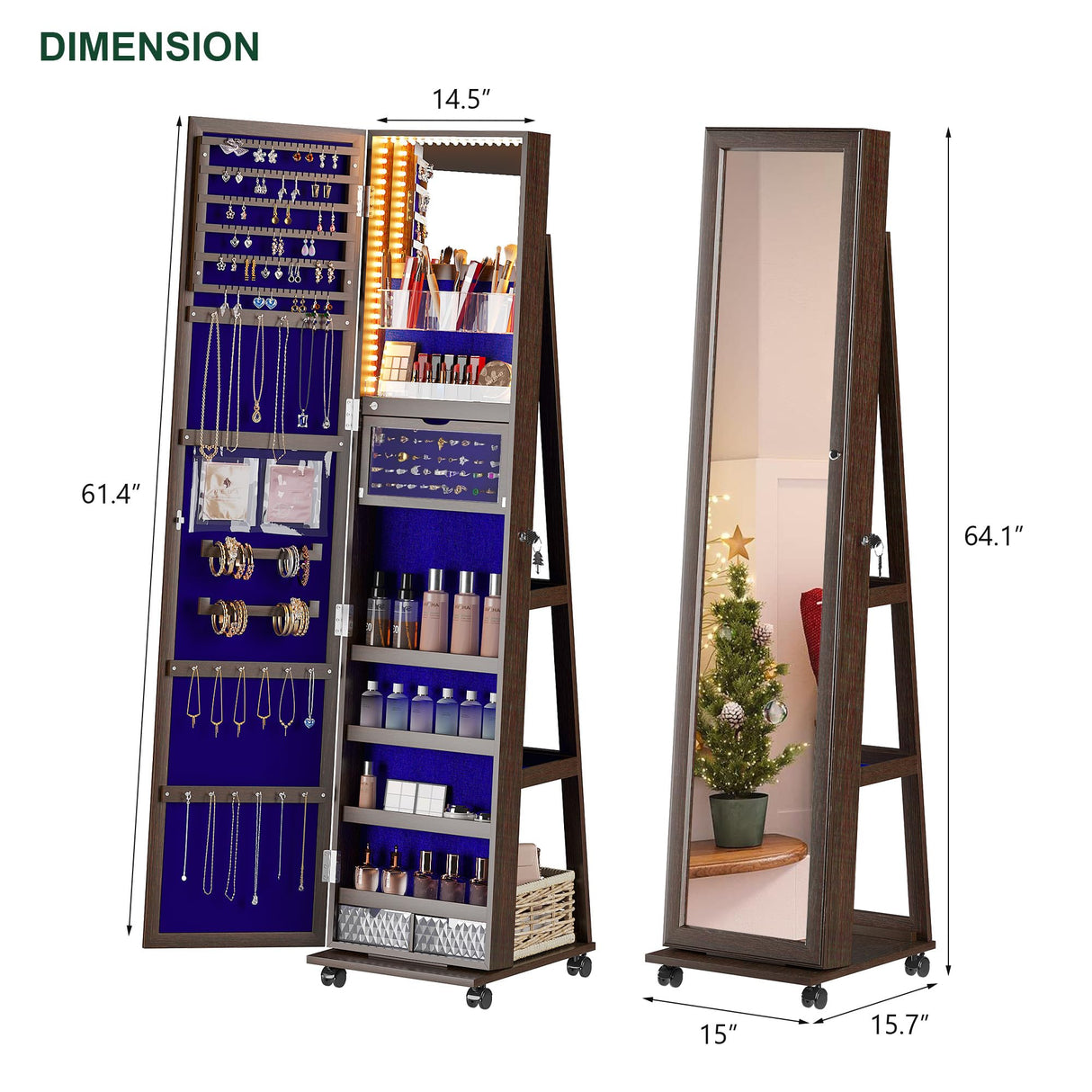 HNEBC 360° Rotating Jewelry Armoire with Lights, Lockable Mirror Jewelry Cabinet, Standing Full Length Mirror with Jewelry Storage, Large Jewelry Mirror Organizer, Wheels,Foldable Makeup Shelf (Brown) HNEBC