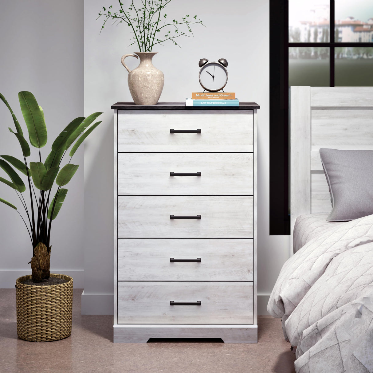 Prepac Rustic Ridge Farmhouse Dresser, Washed White Dresser for Bedroom, Chest of Drawers with 5 Drawers 18.5" D x 27.5" W x 43.5" H, ABDR-1605-1 Prepac