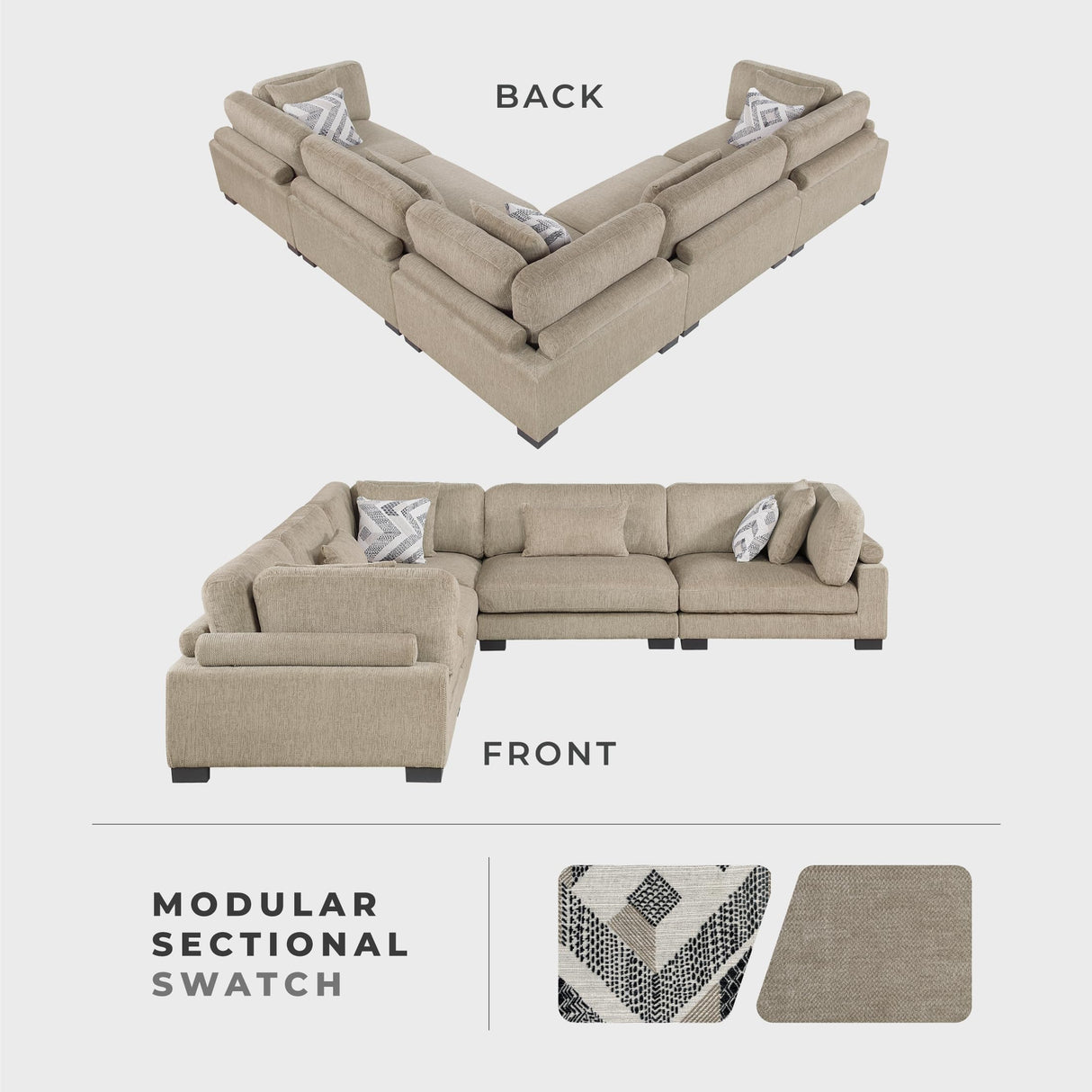 Lexicon Modular Sectional Sofa, Textured Microfiber Oversized Sectional Sofa, 8 Pillows, Adjustable Back and Armrests, Removable Back Cushion Cover, L Shape Couch, 5 Seater, Beige Lexicon