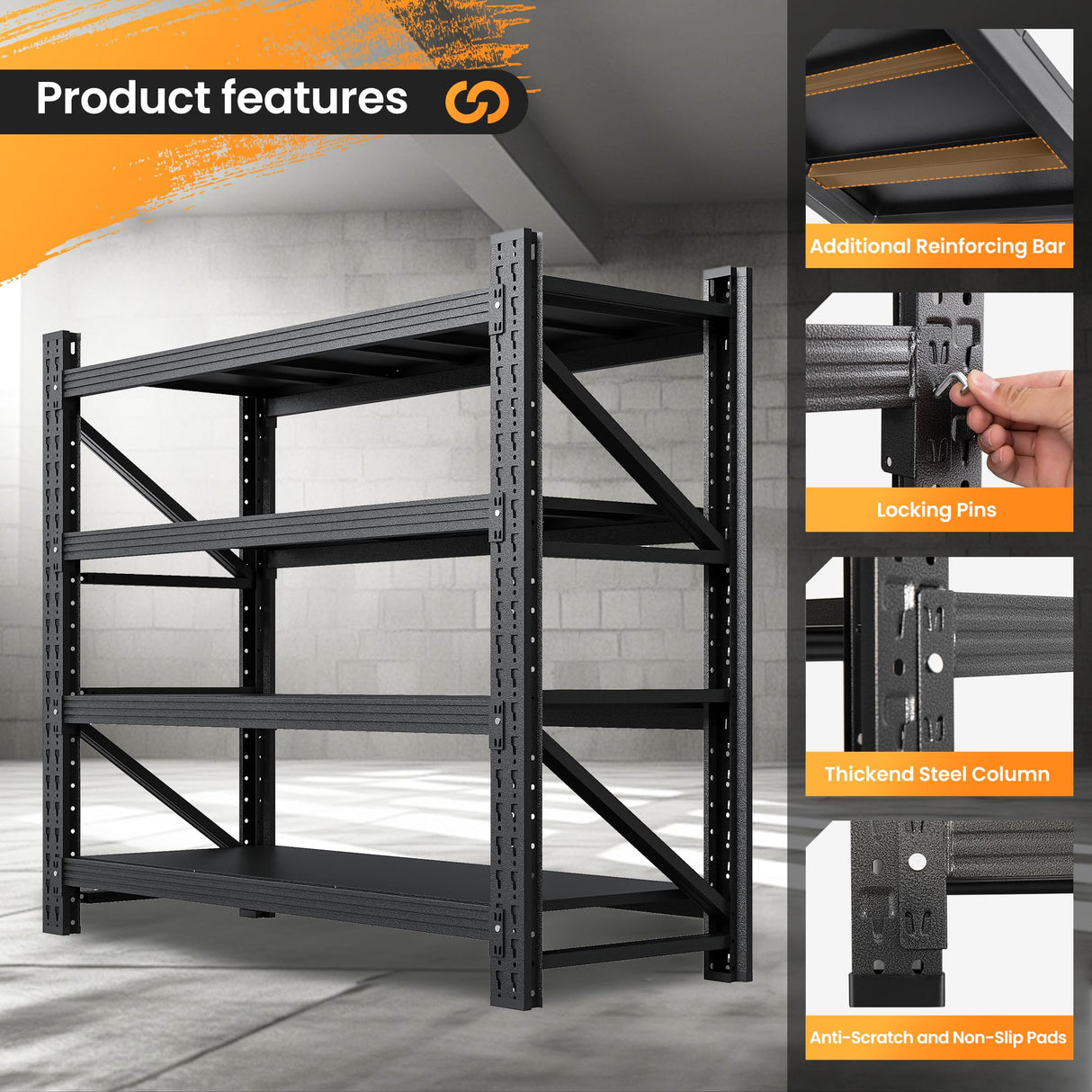 3000LBS Metal Storage Shelves, 48” W Heavy Duty Garage Shelving Units, 4 Tier Storage rack shelf, Steel Industrial Shelving , Adjustable Standing Shelf for Basement/Warehouse 48"W x 24"D x 70"H, Black AFAIF