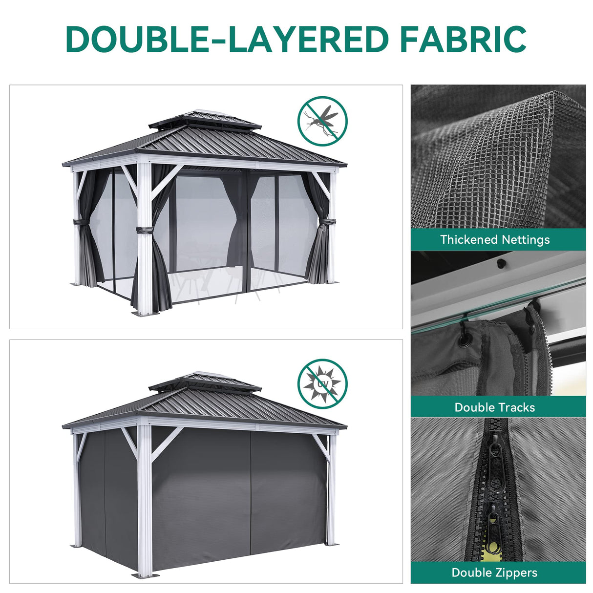 YITAHOME White Gazebo 10x12ft Hardtop Double Roof Canopy Galvanized Iron Aluminum Frame Outdoor Gazebo with Netting and Shaded Curtains Garden Tent for Patio, Backyard, Deck and Lawns, Grey Curtain YITAHOME