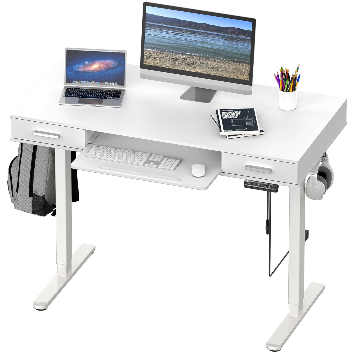 SHW 48-Inch Electric Height Adjustable Desk with Keyboard Tray and Two Drawers SHW