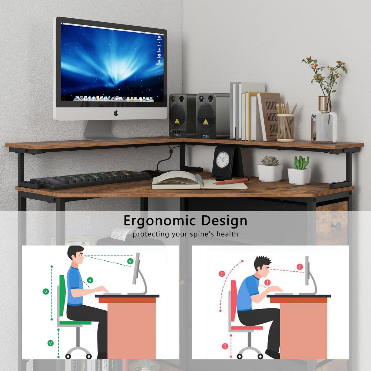 VENNQD Corner Desk with Drawers Shelves for Small Space 90 Degrees Triangle Computer Desk with Power Outlets,Gaming Desk with LED Lights Monitor Stand for Home Office Workstation Writing Table (Brown) VENNQD