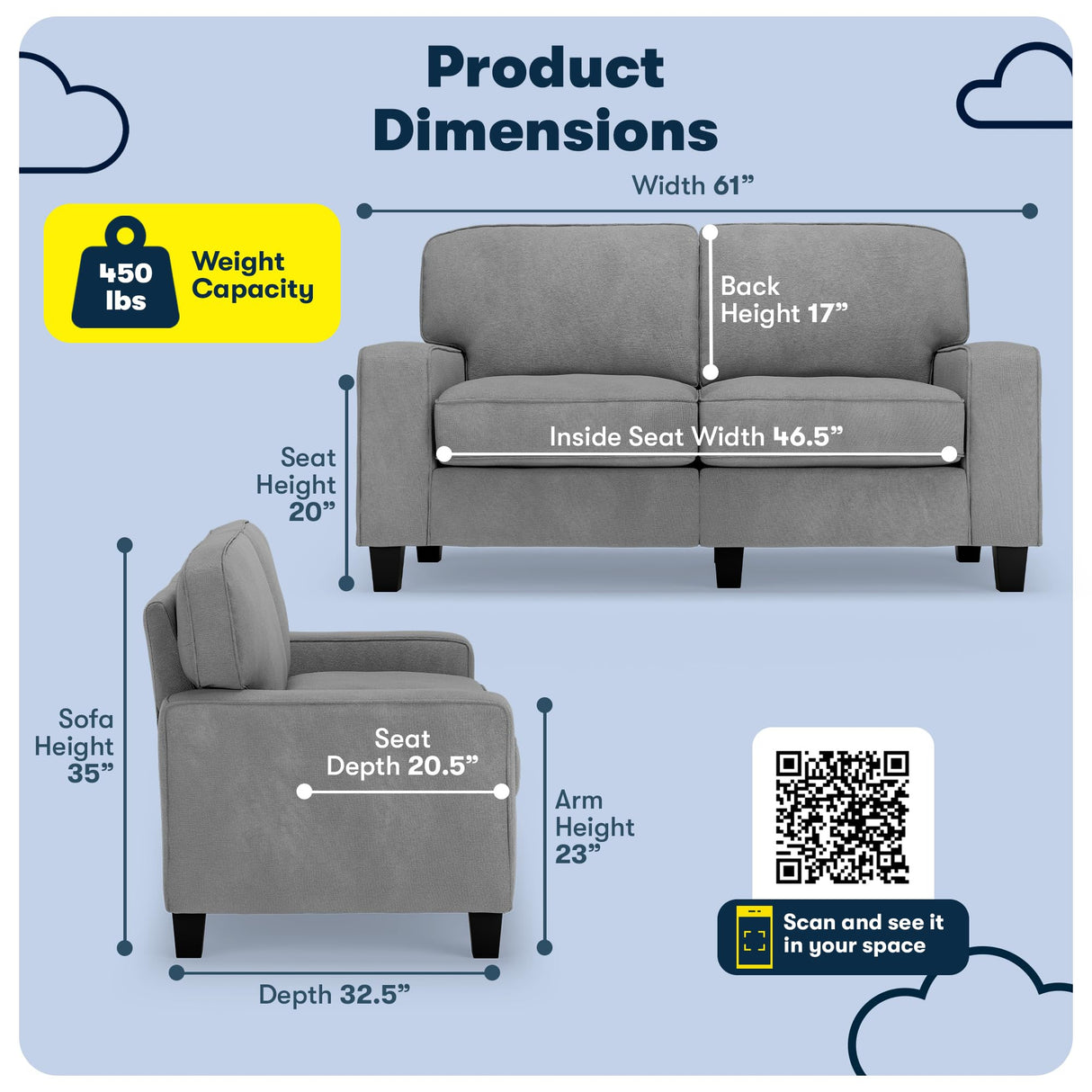 Serta Palisades 61" Track Arm Sofa, Easy Care Polyester, Soft Pillow Back, Pocket Coil Seat Cushions, Removable Covers, Loveseat or Couch for Small Spaces, Living Rooms or Bedrooms, Glacial Gray Serta