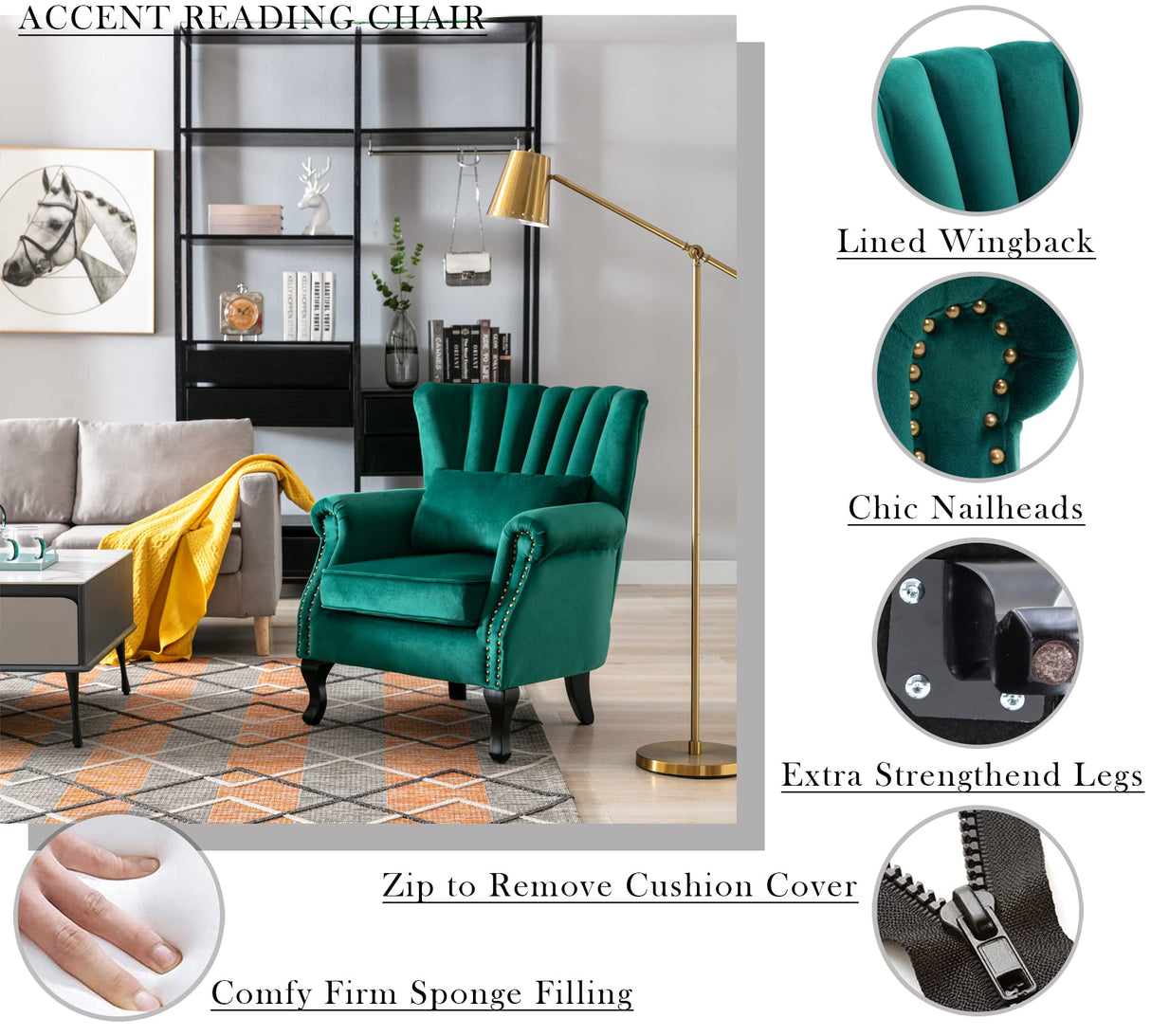 ZETZU Mid Century Modern Accent Chair Upholstered Armchair Comfy Velvet Fabric Single Sofa with Lined Wingback for Small Spaces Bedroom Living Room, Velvet Green, 30.1D x 30.5W x 35H in ZETZU