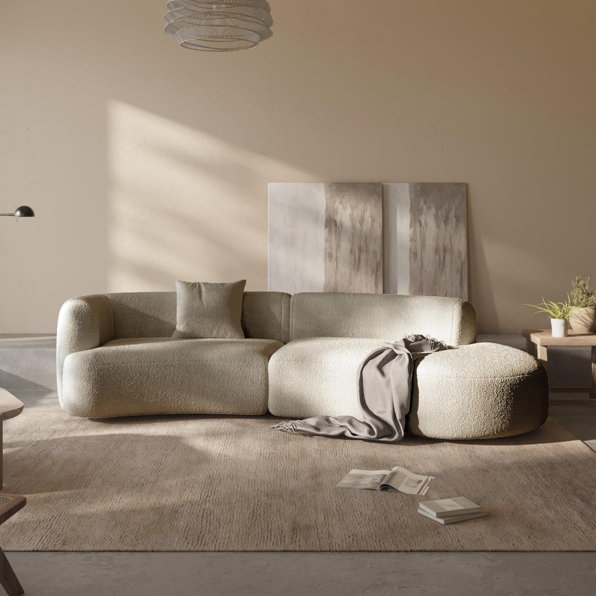 Acanva Modern Curved Sectional Living Room Couch, Minimalist Comfy Boucle Fabric Modular Sofa for Apartment, Home Office, 114" W Right Hand Facing, Light Coffee Acanva