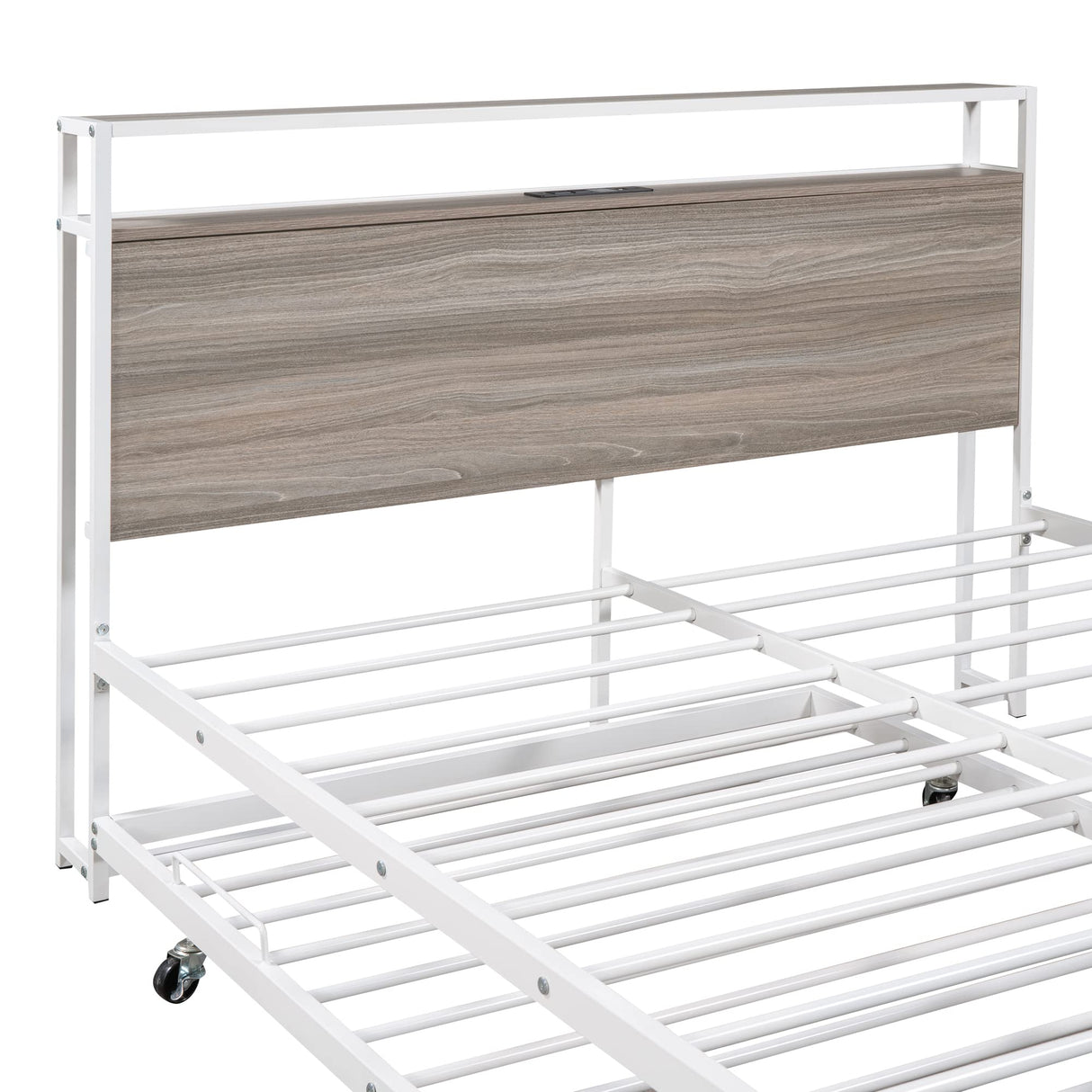 Harper & Bright Designs Full Platform Bed with Twin Size Trundle, USB Ports and Steel Slat Support, Metal Full Size Bed Frame with Storage Headboard for Bedroom/No Box Spring Needed (White) Harper & Bright Designs
