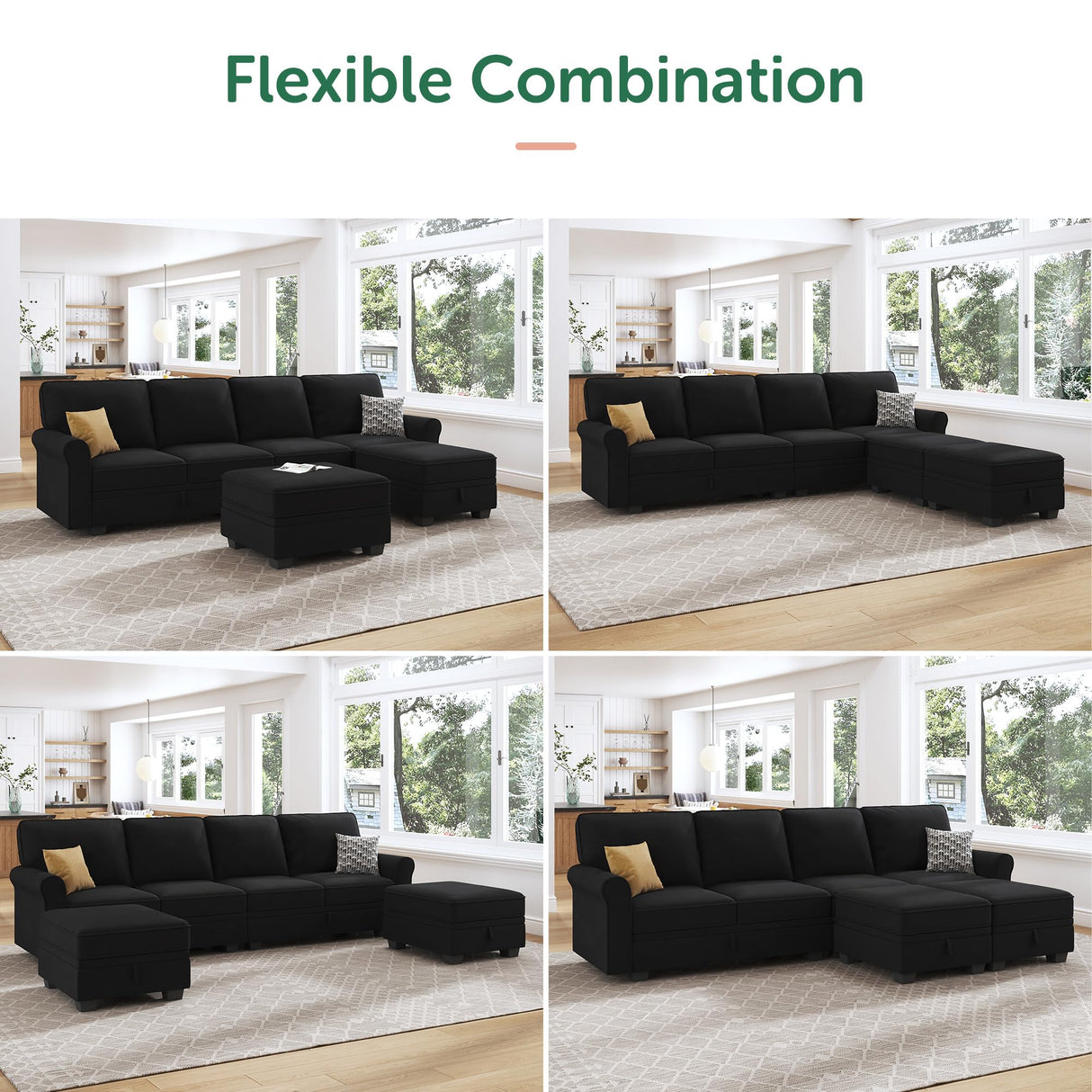 HONBAY Sectional Sofa with Storage Seat Velvet U Shaped Couch with Reversible Chaise Convertible Sectional Couches for Living Room,Black Velvet HONBAY