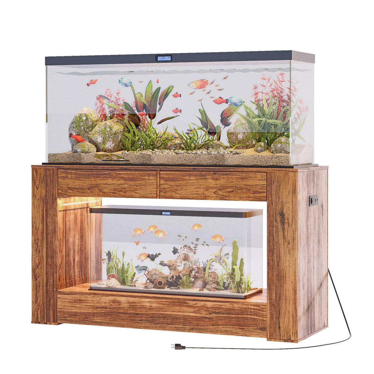 FUXJUM 55-75 Gallon Fish Tank Stand with Power Outlets & LED Light and Drawers,1000LBS Capacity,Aquarium Stand with 55.1" L*18.5" W Tabletop Suitable for Turtle Tank, Reptile Terrarium FUXJUM