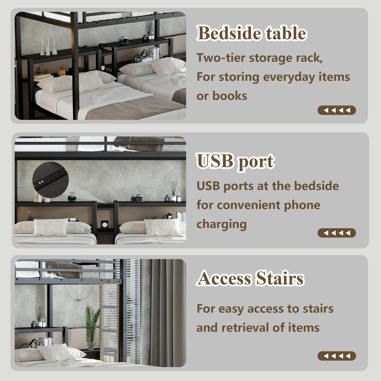 Harper & Bright Designs Triple Bunk Bed for Kids, Full XL Over Twin Over Twin Metal Bunk Beds with Drawers & 2 Shelves & USB, Triple Bunk Beds for Kids,Teens, Adults, Black Harper & Bright Designs