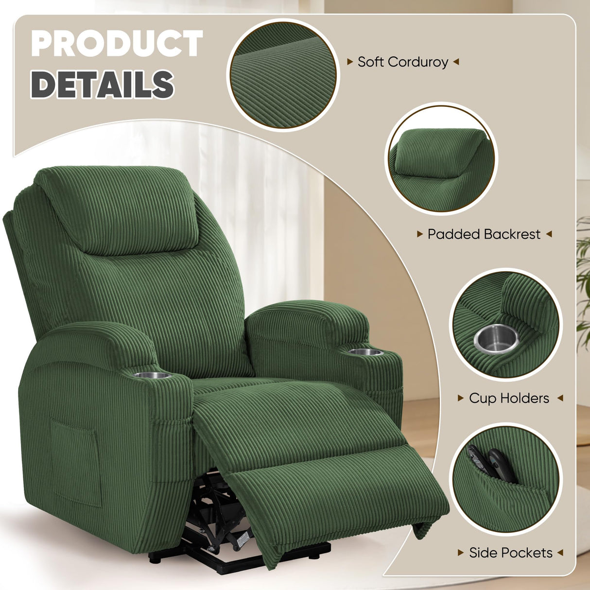 VICTONE Electric Power Lift Recliner Chair for Elderly Reclining Sofa for Living Room with Massage, Side Pockets and Cup Holders (Corduroy, Green) VICTONE