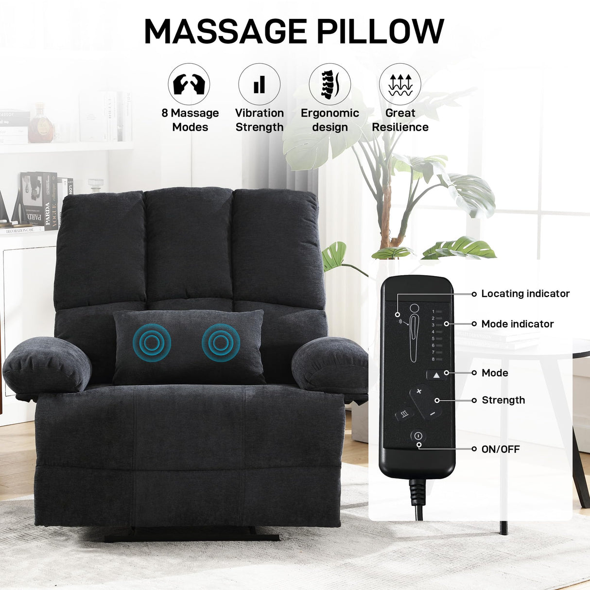 Oversized Recliner Chair 350 lb Weight Capacity, Plus Size 28 inch Large Wide Seat Manual Comfortable Fabric Recliner for Adults Living Room with Pockets Massage Heated Pillow (Modern, GREY-6008) HOMYEDAMIC