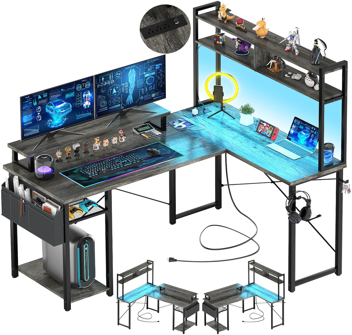 Aheaplus Small L Shaped Gaming Desk with LED Lights & Power Outlets, Reversible L-Shaped Computer Desk with Monitor Stand & Storage Shelf, Corner Desks Home Office Desk with Storage Bag, Grey Oak Aheaplus