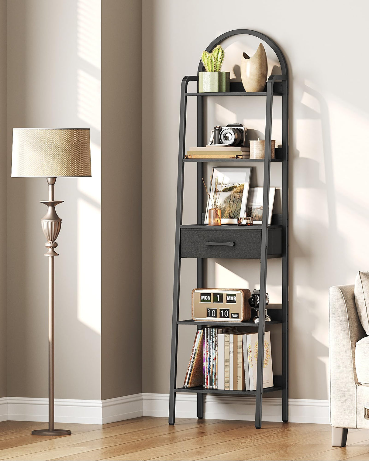 CHOEZON 5 Tier Ladder Shelf with Drawer, Tall Ladder Bookshelf, Standing Bookcase with Metal Frame for Living Room, Bathroom, Home Office, Study, Balcony, Black TCJ07BB