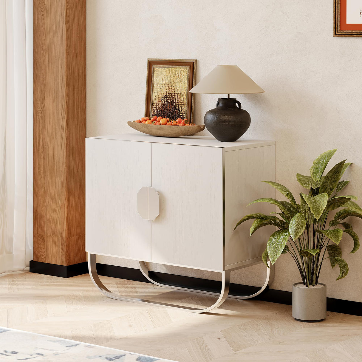 Clihome Sideboard Buffet Cabinet, 2 Door Console Cabinet TV Stand Wooden Credenza Storage Accent Cabinet with U-shaped legs for Bedroom, Living Room, Entryway, Cream White Clihome