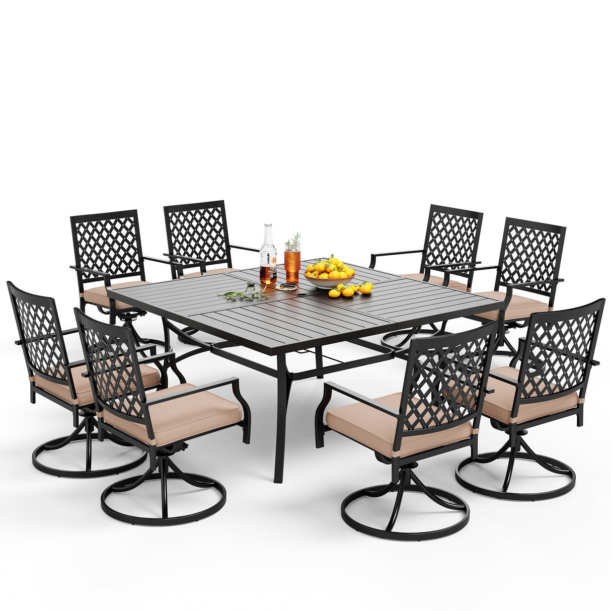 PHI VILLA 9-Piece Metal Patio Outdoor Table and Chairs Outdoor Dining Set - Large Square Patio Table and 8 Backyard Garden Chairs, Black PHI VILLA