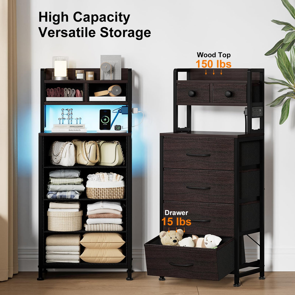 REAHOME 41 Inch Tall Nightstand with Charging Station, LED Night Stand with 6 Fabric Drawers, Bed Side Table with 3-Tier Wood Storage Shelves for Bedroom, Office, Small Spaces, Leather Brown REAHOME