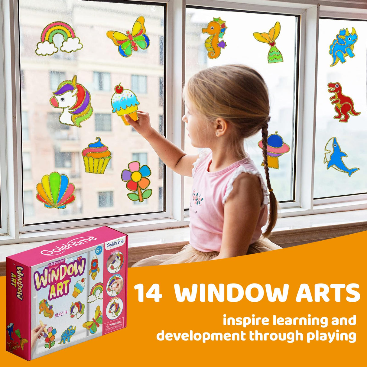 goldentime Create Your Own Fun Window Art Kit for Kids Ages 6+ Including 14 DIY Suncatchers with 10 Window Paints, Glitter & Googly Eyes âPerfect Kids Window Painting Craft Kit for DIY Window Art goldentime