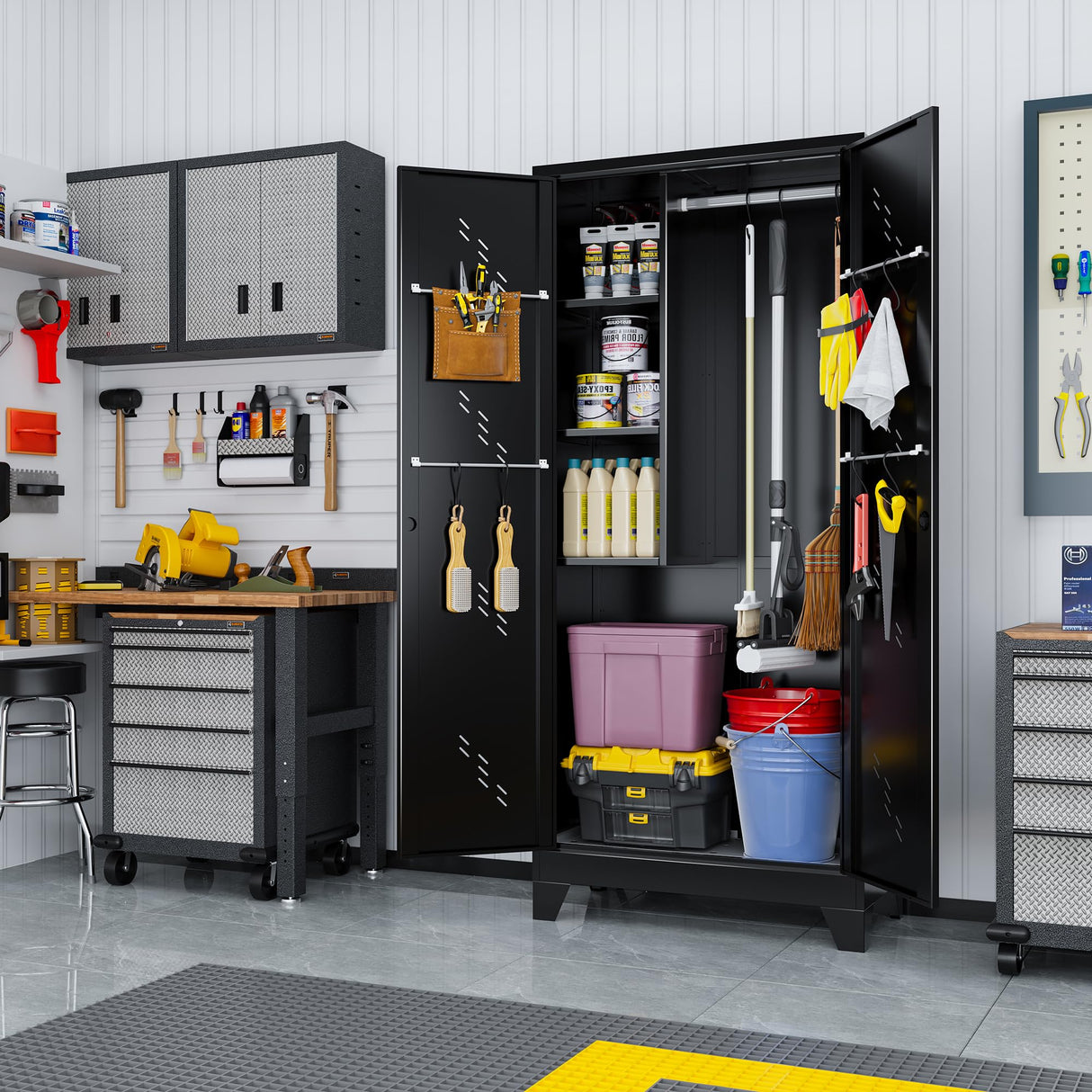 LyAosdFu Storage Cabinet, 75"H x 33.8"W x 16.5"D, Large Garage Cabinets with Lockable Doors, Metal Kitchen Pantry with Large Space at The Bottom, Utility Closet Ideal for Laundry Room, Bathroom,Office LyAosdFu