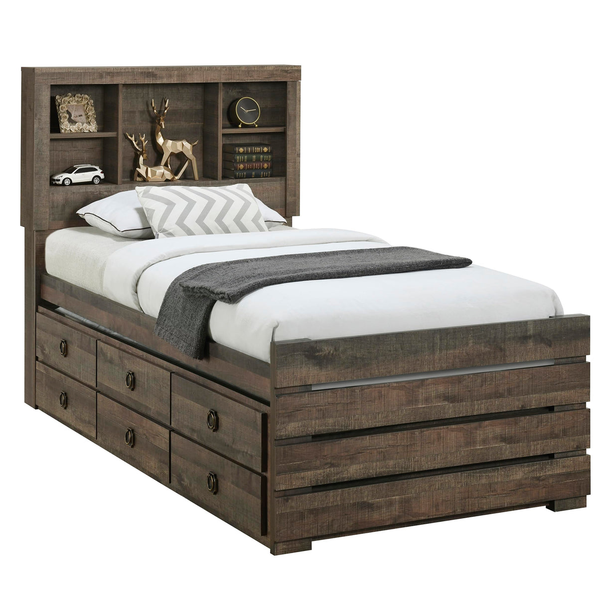 VilroCaz Rustic Brown Full Size Captain Bed with Bookcase Headboard, Drawers & Trundle VilroCaz